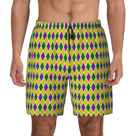 Lsque Mens Swim Trunks Mardi Gras Purple Yellow Plaid Pattern - Bathing Suit Compression Liner - Beach Swim Shorts Swimwear - (S-3XL) - Stretch Quick Dry -Medium