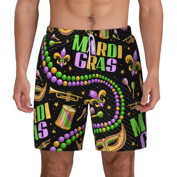 Lsque Mens Swim Trunks Mardi Gras3 Pattern - Bathing Suit Compression Liner - Beach Swim Shorts Swimwear - (S-3XL) - Stretch Quick Dry -Large