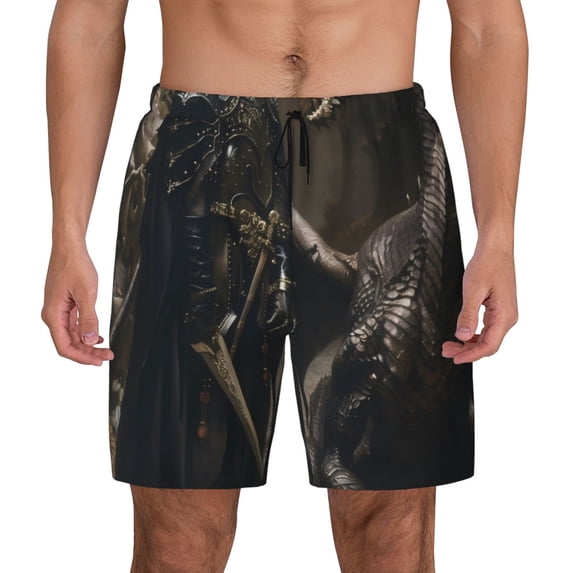 Lsque Mens Swim Trunks Medieval Knight And Dragon Pattern - Bathing Suit Compression Liner - Beach Swim Shorts Swimwear - (S-3XL) - Stretch Quick Dry -Medium