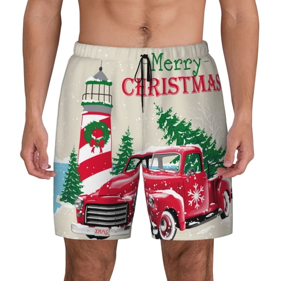 Lsque Mens Swim Trunks Merry Christmas 1 Pattern - Bathing Suit Compression Liner - Beach Swim Shorts Swimwear - (S-3XL) - Stretch Quick Dry -Large