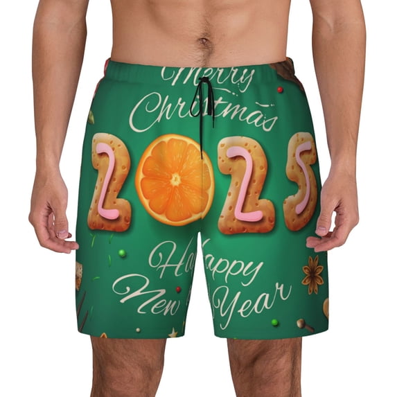 Lsque Mens Swim Trunks Merry Christmas 2025 Pattern - Bathing Suit Compression Liner - Beach Swim Shorts Swimwear - (S-3XL) - Stretch Quick Dry -XX-Large
