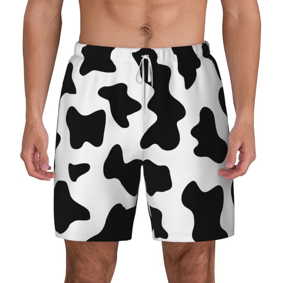 Lsque Mens Swim Trunks Milk Cow Pattern - Bathing Suit Compression Liner - Beach Swim Shorts Swimwear - (S-3XL) - Stretch Quick Dry -Large