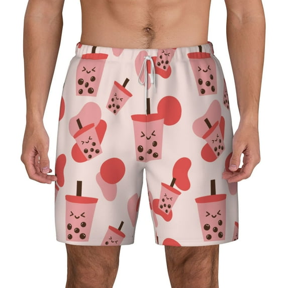 Lsque Mens Swim Trunks Milk Tea Pattern - Bathing Suit Compression Liner - Beach Swim Shorts Swimwear - (S-3XL) - Stretch Quick Dry -Medium