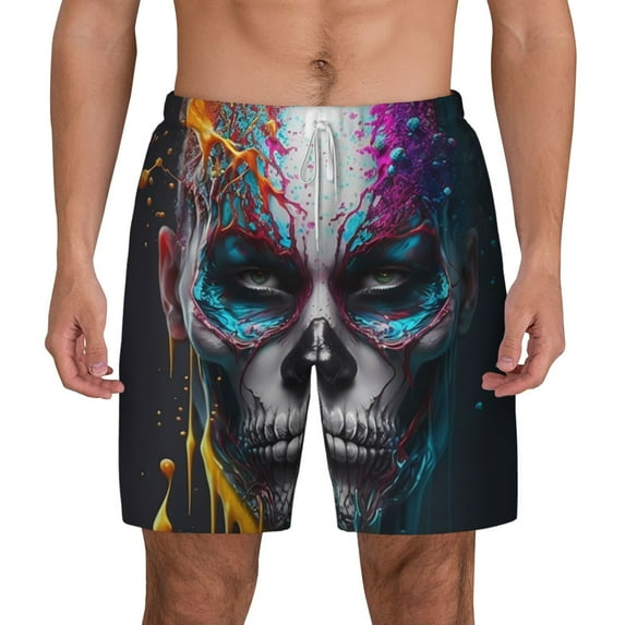 Lsque Mens Swim Trunks Modern Abstract Colorful Skull Pattern - Bathing Suit Compression Liner - Beach Swim Shorts Swimwear - (S-3XL) - Stretch Quick Dry -Small