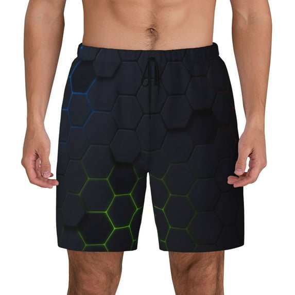 Lsque Mens Swim Trunks Modern Hexagonal Neon Grid Pattern - Bathing Suit Compression Liner - Beach Swim Shorts Swimwear - (S-3XL) - Stretch Quick Dry -Medium
