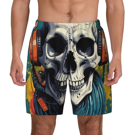 Lsque Mens Swim Trunks Modern Hip-Hop Skull Pattern - Bathing Suit Compression Liner - Beach Swim Shorts Swimwear - (S-3XL) - Stretch Quick Dry -Large
