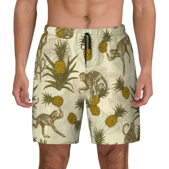 Lsque Mens Swim Trunks Monkeys and Pinealpples Pattern - Bathing Suit Compression Liner - Beach Swim Shorts Swimwear - (S-3XL) - Stretch Quick Dry -Small