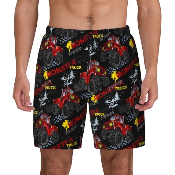 Lsque Mens Swim Trunks Monster Truck Pattern - Bathing Suit Compression Liner - Beach Swim Shorts Swimwear - (S-3XL) - Stretch Quick Dry -3X-Large