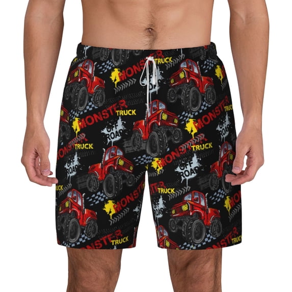 Lsque Mens Swim Trunks Monster Truck Pattern - Bathing Suit Compression Liner - Beach Swim Shorts Swimwear - (S-3XL) - Stretch Quick Dry -Small