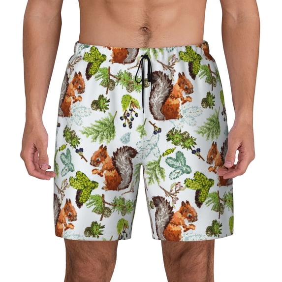 Lsque Mens Swim Trunks Mosaic Forest Squirrel Pattern - Bathing Suit Compression Liner - Beach Swim Shorts Swimwear - (S-3XL) - Stretch Quick Dry -XX-Large