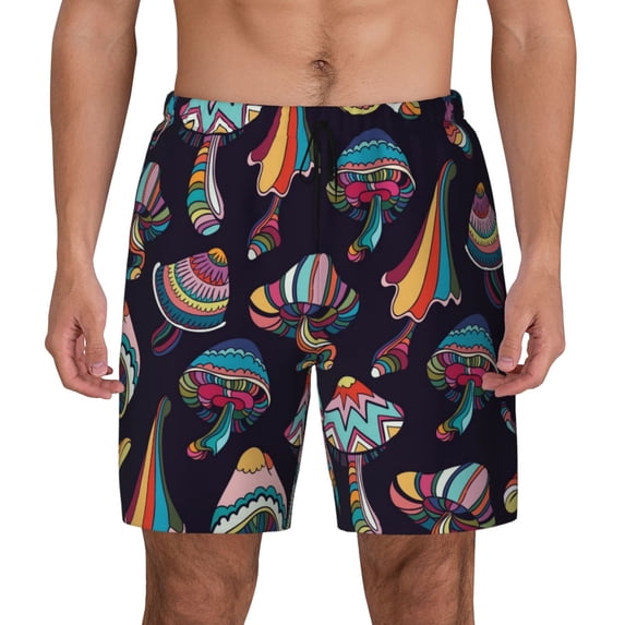 Lsque Mens Swim Trunks Mushroom Doodle Pattern - Bathing Suit Compression Liner - Beach Swim Shorts Swimwear - (S-3XL) - Stretch Quick Dry -3X-Large