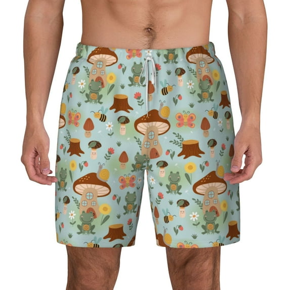 Lsque Mens Swim Trunks Mushroom House Insect Frog Pattern - Bathing Suit Compression Liner - Beach Swim Shorts Swimwear - (S-3XL) - Stretch Quick Dry -X-Large