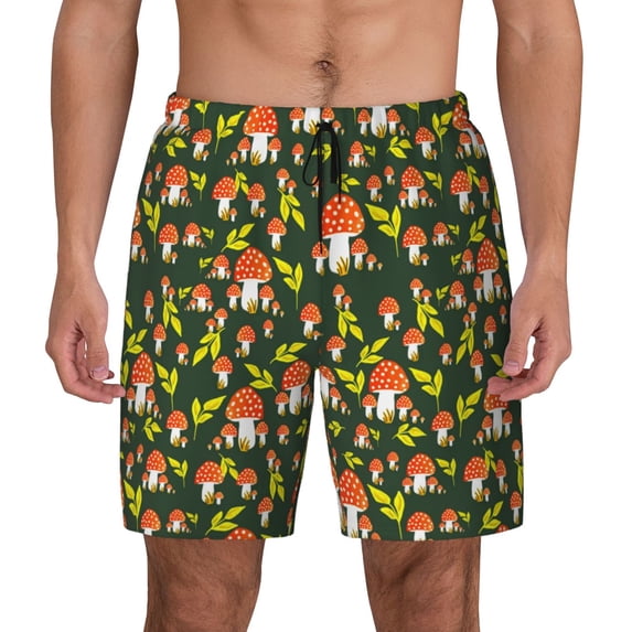 Lsque Mens Swim Trunks Mushroom Leaf Pattern - Bathing Suit Compression Liner - Beach Swim Shorts Swimwear - (S-3XL) - Stretch Quick Dry -Large