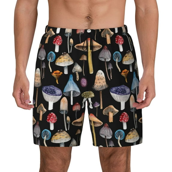 Lsque Mens Swim Trunks Mushrooms and Autumn Leaves Pattern - Bathing Suit Compression Liner - Beach Swim Shorts Swimwear - (S-3XL) - Stretch Quick Dry -Medium