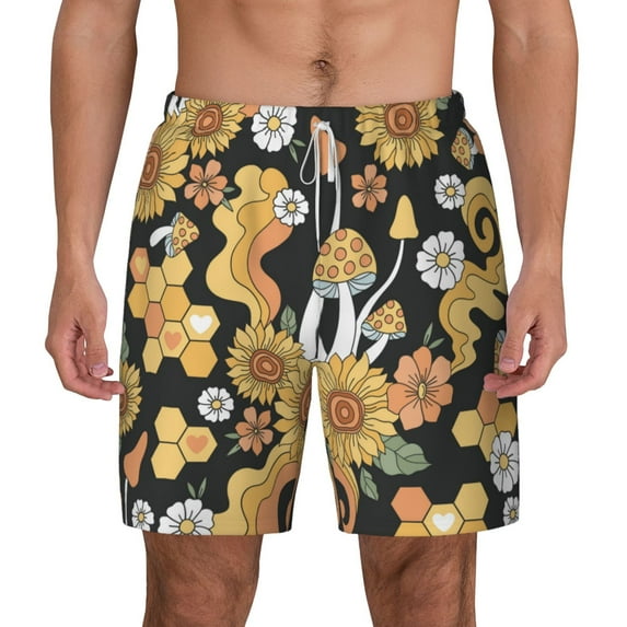 Lsque Mens Swim Trunks Mushrooms Honeycomb Pattern - Bathing Suit Compression Liner - Beach Swim Shorts Swimwear - (S-3XL) - Stretch Quick Dry -XX-Large