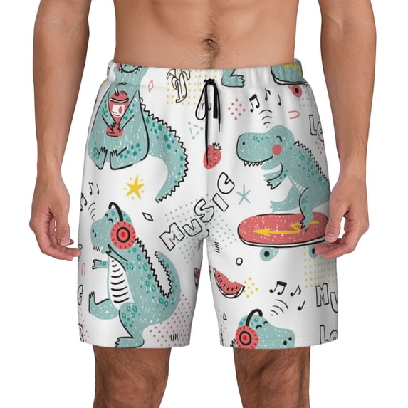 Lsque Mens Swim Trunks Music Lover Dinosaur Pattern - Bathing Suit Compression Liner - Beach Swim Shorts Swimwear - (S-3XL) - Stretch Quick Dry -Medium