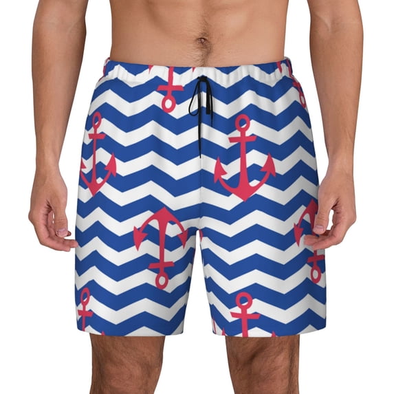 Lsque Mens Swim Trunks Nautical Anchors Pattern - Bathing Suit Compression Liner - Beach Swim Shorts Swimwear - (S-3XL) - Stretch Quick Dry -Medium