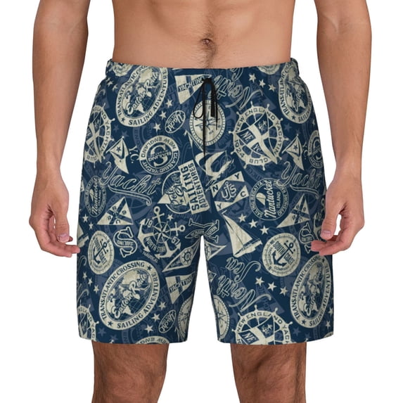 Lsque Mens Swim Trunks Nautical Style Pattern - Bathing Suit Compression Liner - Beach Swim Shorts Swimwear - (S-3XL) - Stretch Quick Dry -3X-Large