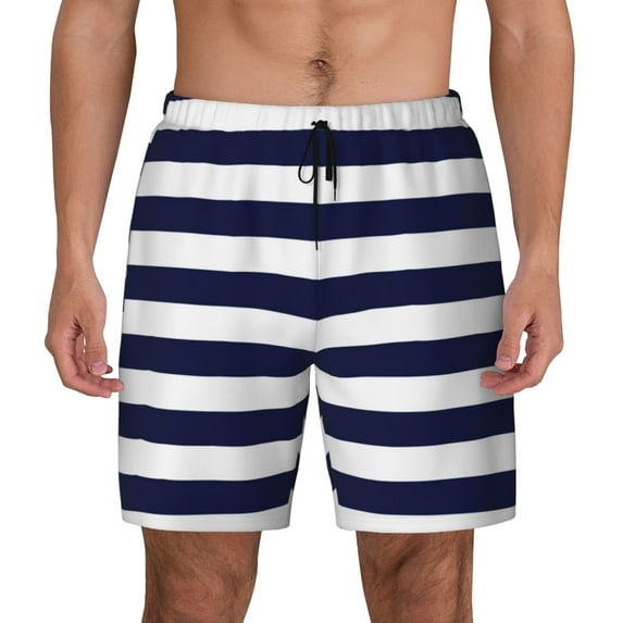 Lsque Mens Swim Trunks Navy Blue And White Stripes Pattern - Bathing Suit Compression Liner - Beach Swim Shorts Swimwear - (S-3XL) - Stretch Quick Dry -Small