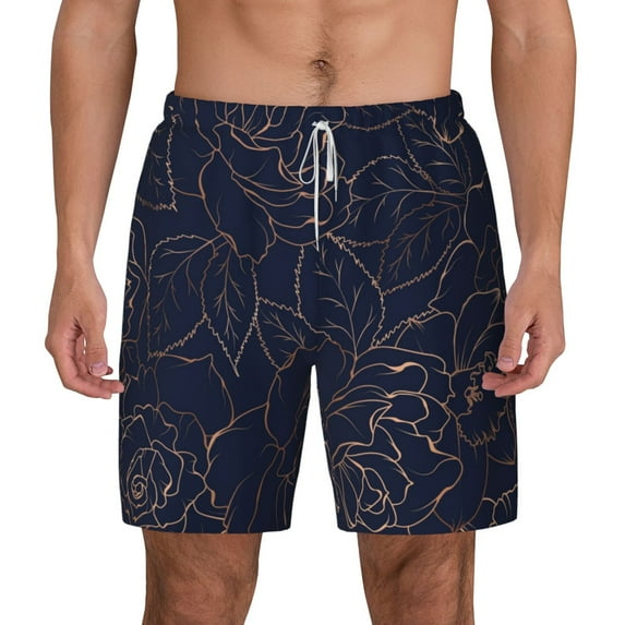 Lsque Mens Swim Trunks Navy Dark Blue Pattern - Bathing Suit Compression Liner - Beach Swim Shorts Swimwear - (S-3XL) - Stretch Quick Dry -Small
