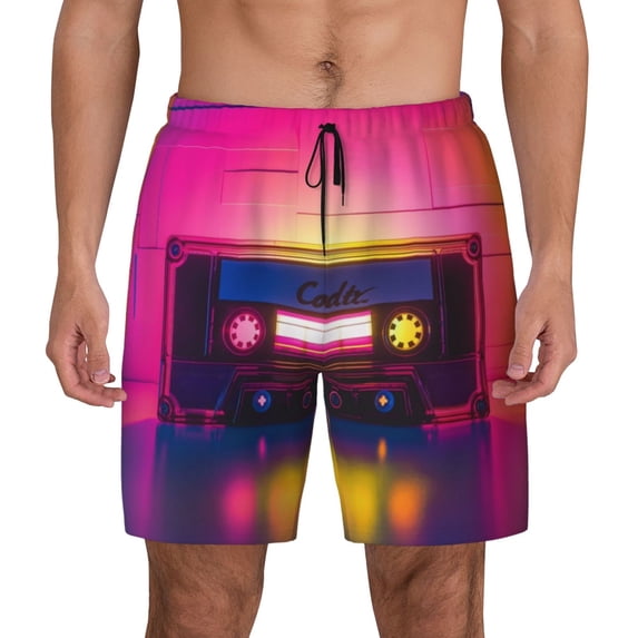 Lsque Mens Swim Trunks Neon Cassette Tape Pattern - Bathing Suit Compression Liner - Beach Swim Shorts Swimwear - (S-3XL) - Stretch Quick Dry -Medium