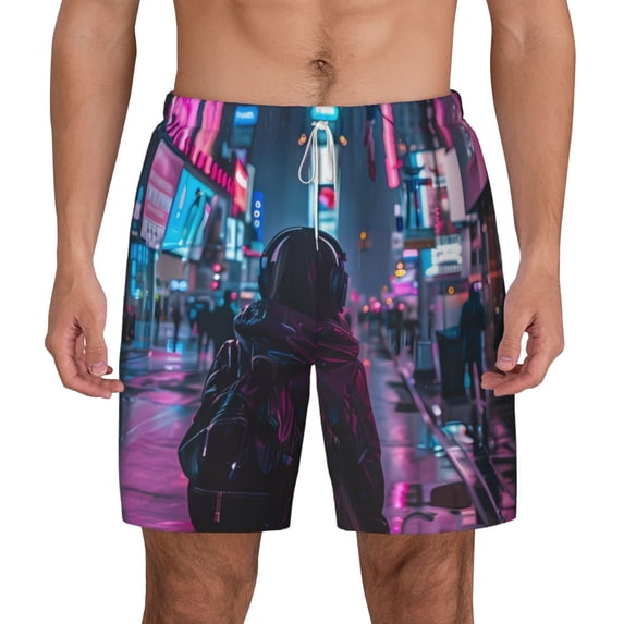 Lsque Mens Swim Trunks Neon Night Cityscape Pattern - Bathing Suit Compression Liner - Beach Swim Shorts Swimwear - (S-3XL) - Stretch Quick Dry -Small