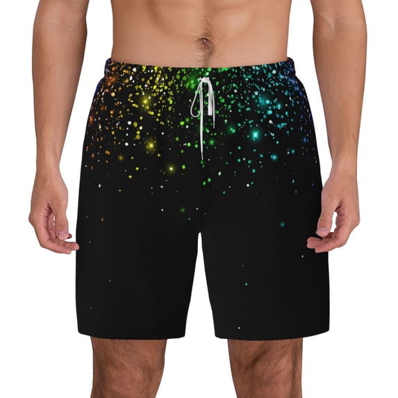Lsque Mens Swim Trunks Night Rainbow Sparkles Pattern - Bathing Suit Compression Liner - Beach Swim Shorts Swimwear - (S-3XL) - Stretch Quick Dry -Small