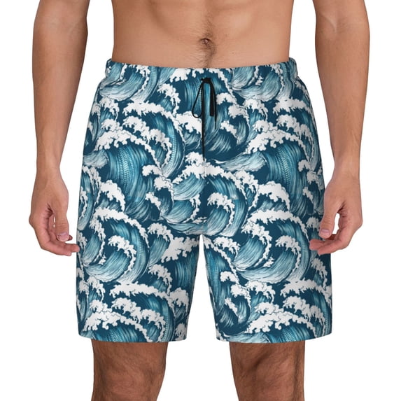 Lsque Mens Swim Trunks Ocean Waves Pattern - Bathing Suit Compression Liner - Beach Swim Shorts Swimwear - (S-3XL) - Stretch Quick Dry -3X-Large
