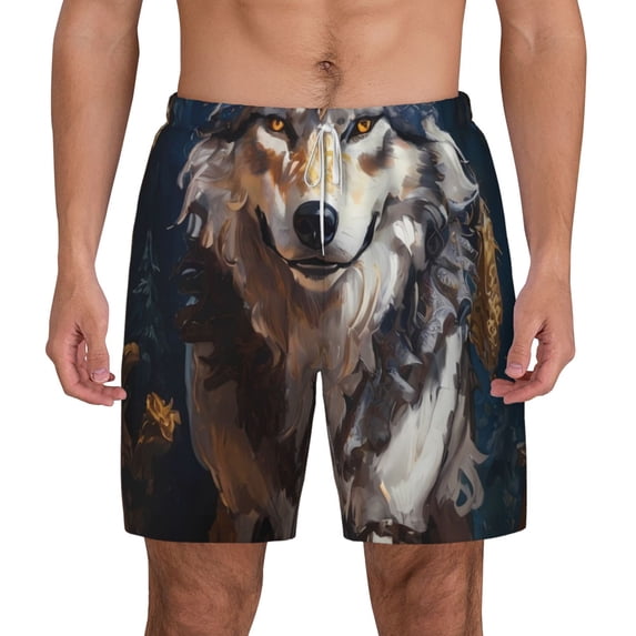 Lsque Mens Swim Trunks Oil Painting Tribal Wolf Pattern - Bathing Suit Compression Liner - Beach Swim Shorts Swimwear - (S-3XL) - Stretch Quick Dry -X-Large