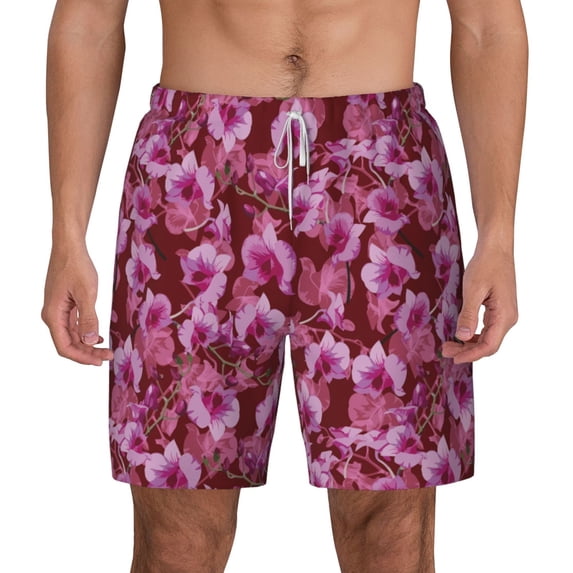 Lsque Mens Swim Trunks Orchids Flowers Pattern - Bathing Suit Compression Liner - Beach Swim Shorts Swimwear - (S-3XL) - Stretch Quick Dry -Large