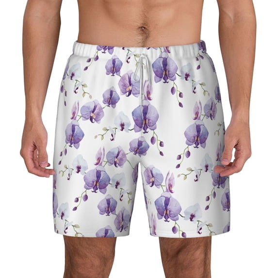 Lsque Mens Swim Trunks Orchids Flowers Pattern - Bathing Suit Compression Liner - Beach Swim Shorts Swimwear - (S-3XL) - Stretch Quick Dry -Small