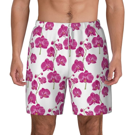 Lsque Mens Swim Trunks Orchids Flowers Pattern - Bathing Suit Compression Liner - Beach Swim Shorts Swimwear - (S-3XL) - Stretch Quick Dry -Small