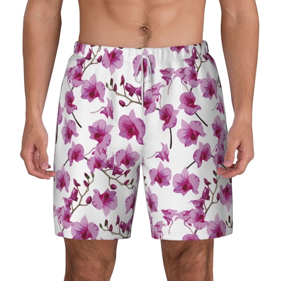 Lsque Mens Swim Trunks Orchids Flowers Pattern - Bathing Suit Compression Liner - Beach Swim Shorts Swimwear - (S-3XL) - Stretch Quick Dry -Small