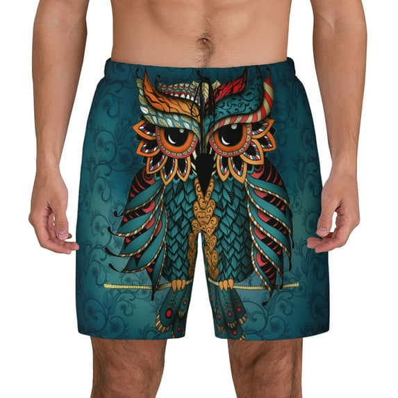 Lsque Mens Swim Trunks Owl In Blue Pattern - Bathing Suit Compression Liner - Beach Swim Shorts Swimwear - (S-3XL) - Stretch Quick Dry -3X-Large