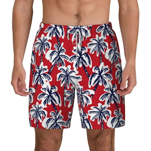 Lsque Mens Swim Trunks Palm Tree Pattern on Red Pattern - Bathing Suit Compression Liner - Beach Swim Shorts Swimwear - (S-3XL) - Stretch Quick Dry -Small