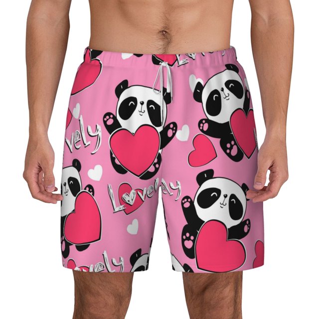 Lsque Mens Swim Trunks Panda Heart Valentine Pink Pattern Bathing