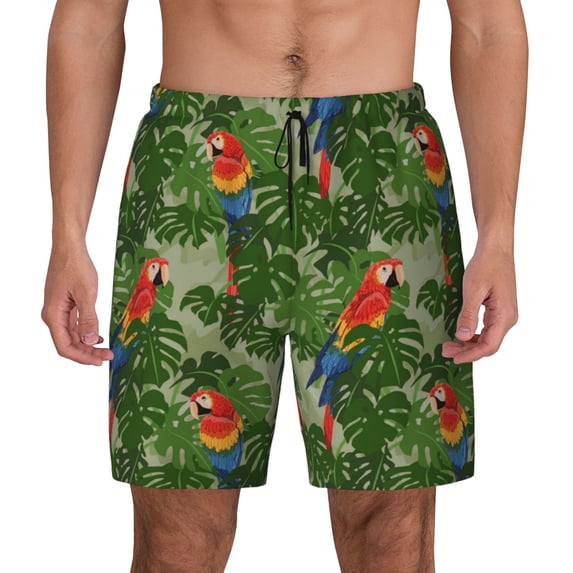 Lsque Mens Swim Trunks Parrots And Tropical Leaves Pattern - Bathing Suit Compression Liner - Beach Swim Shorts Swimwear - (S-3XL) - Stretch Quick Dry -Medium