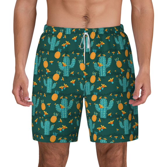 Lsque Mens Swim Trunks Pineapple And Cactus Pattern - Bathing Suit Compression Liner - Beach Swim Shorts Swimwear - (S-3XL) - Stretch Quick Dry -XX-Large