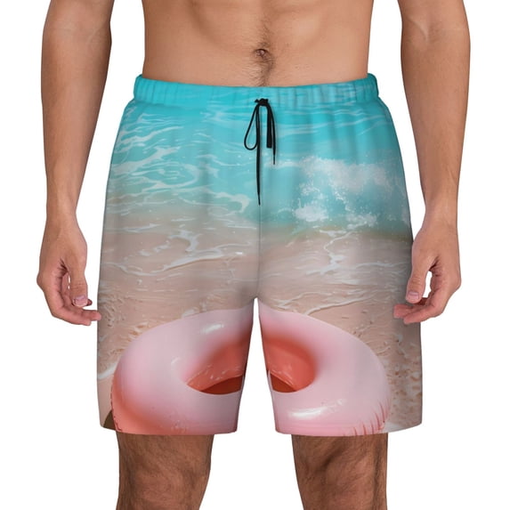Lsque Mens Swim Trunks Pink Float Ring On Beach Pattern - Bathing Suit Compression Liner - Beach Swim Shorts Swimwear - (S-3XL) - Stretch Quick Dry -Small
