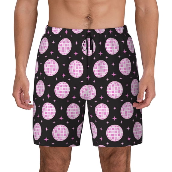 Lsque Mens Swim Trunks Pink Groovy Disco Ball Pattern - Bathing Suit Compression Liner - Beach Swim Shorts Swimwear - (S-3XL) - Stretch Quick Dry -Medium
