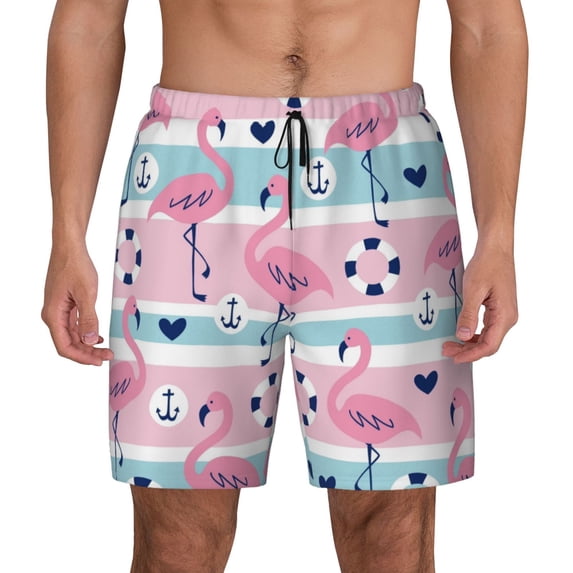 Lsque Mens Swim Trunks Pink Striped Flamingo Pattern - Bathing Suit Compression Liner - Beach Swim Shorts Swimwear - (S-3XL) - Stretch Quick Dry -X-Large