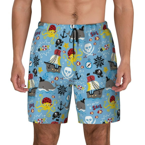 Lsque Mens Swim Trunks Pirate Marine Animals Pattern - Bathing Suit Compression Liner - Beach Swim Shorts Swimwear - (S-3XL) - Stretch Quick Dry -Large