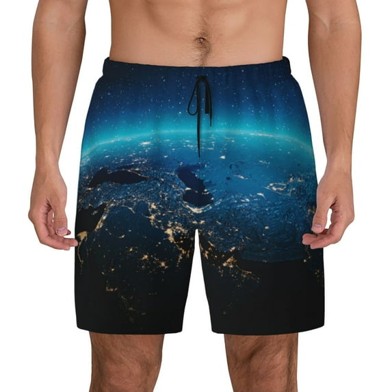 Lsque Mens Swim Trunks Planet Earth Pattern - Bathing Suit Compression Liner - Beach Swim Shorts Swimwear - (S-3XL) - Stretch Quick Dry -X-Large