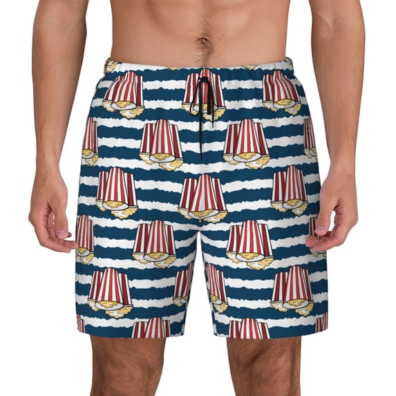 Lsque Mens Swim Trunks Popcorn On Blue Lines Pattern - Bathing Suit Compression Liner - Beach Swim Shorts Swimwear - (S-3XL) - Stretch Quick Dry -X-Large