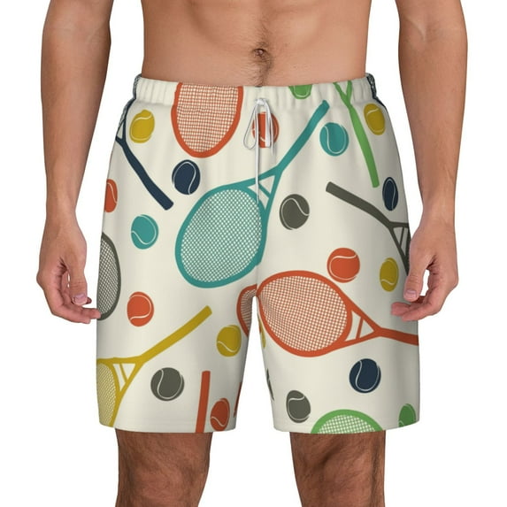 Lsque Mens Swim Trunks Racket and Tennis Ball Pattern - Bathing Suit Compression Liner - Beach Swim Shorts Swimwear - (S-3XL) - Stretch Quick Dry -Medium