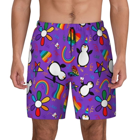 Lsque Mens Swim Trunks Rainbow Lgbt Penguin Pattern - Bathing Suit Compression Liner - Beach Swim Shorts Swimwear - (S-3XL) - Stretch Quick Dry -X-Large