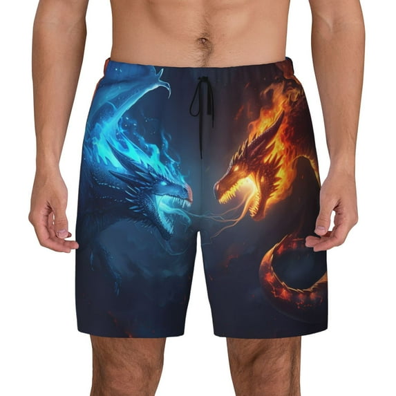 Lsque Mens Swim Trunks Red And Blue Fire Dragon C Pattern - Bathing Suit Compression Liner - Beach Swim Shorts Swimwear - (S-3XL) - Stretch Quick Dry -Large