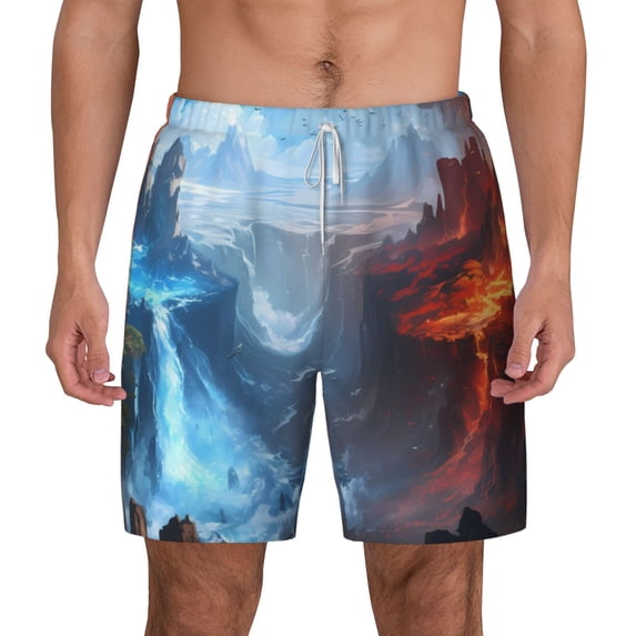 Lsque Mens Swim Trunks Red And Blue Fire Mountains Pattern - Bathing Suit Compression Liner - Beach Swim Shorts Swimwear - (S-3XL) - Stretch Quick Dry -X-Large