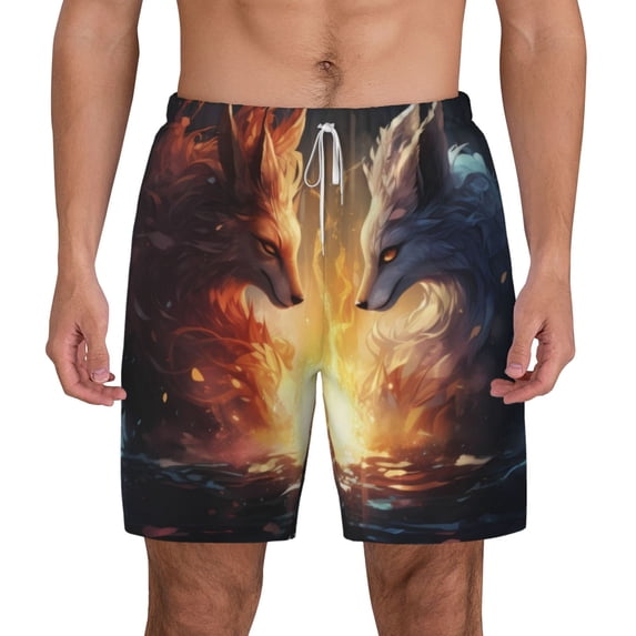 Lsque Mens Swim Trunks Red And White Flame Fox Pattern - Bathing Suit Compression Liner - Beach Swim Shorts Swimwear - (S-3XL) - Stretch Quick Dry -X-Large