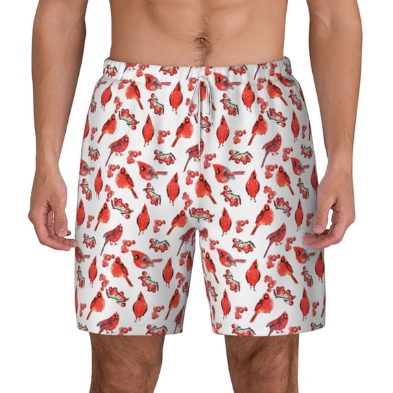 Lsque Mens Swim Trunks Red Birds Pattern - Bathing Suit Compression Liner - Beach Swim Shorts Swimwear - (S-3XL) - Stretch Quick Dry -XX-Large